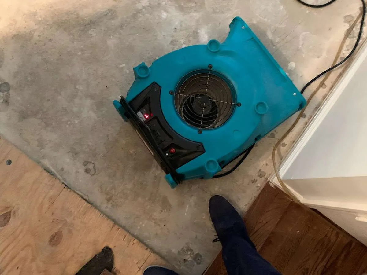 Air mover drying subfloor during Commercial Water Damage Restoration in Westmont